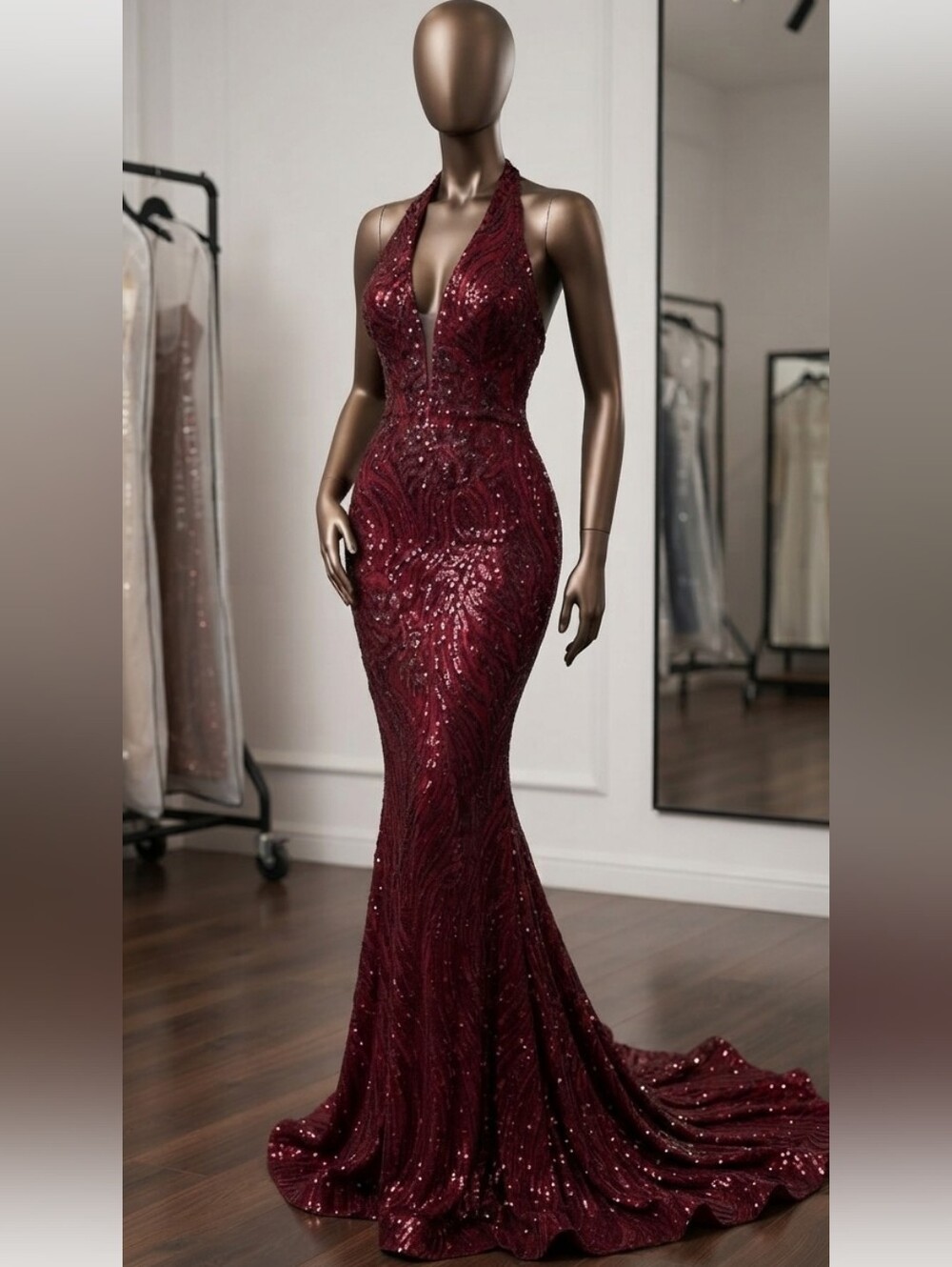 Sleeveless Burgundy Sequin Halter Prom Gown - Picture 16 of 16